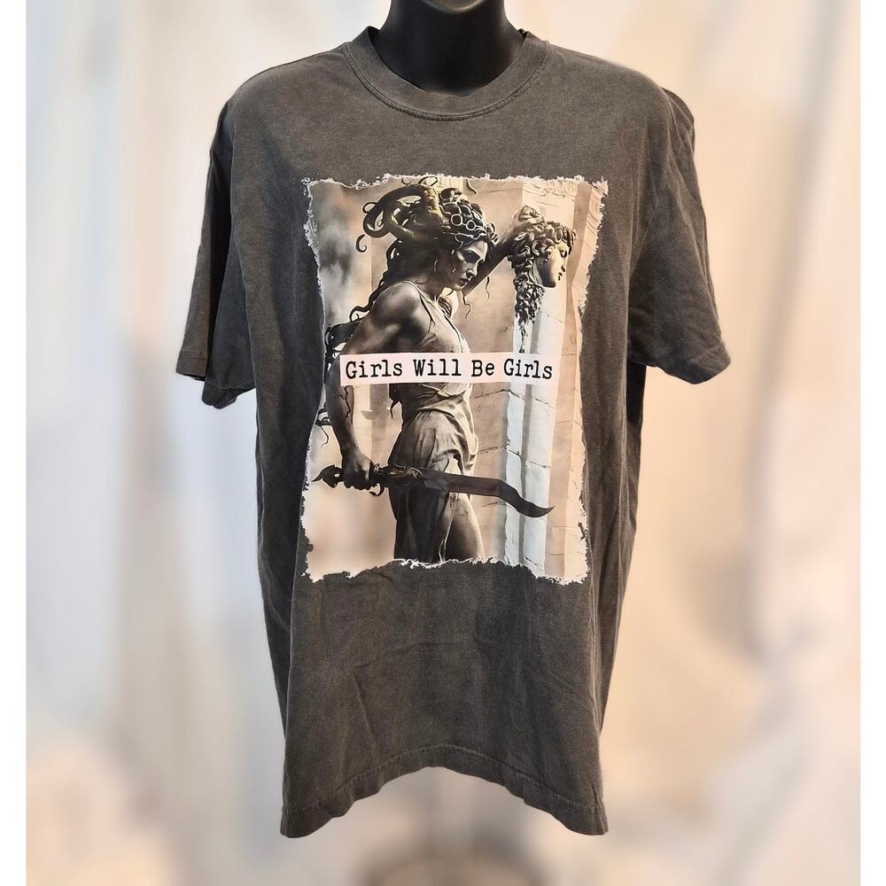 Comfort Colors Medusa Graphic Tee Girls Will Be Girls Gray Medium - Picture 2 of 5